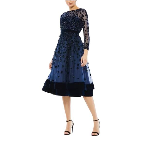 *Mac Duggal Navy Embellished Illusion High Neck Long Sleeve Fit Flare Dress – Sz - Picture 4 of 10